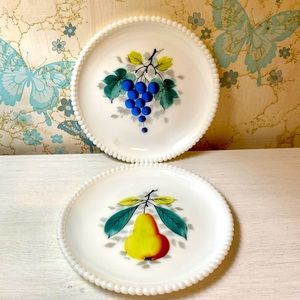 Vintage Westmoreland Beaded Edge Milk Glass Fruit Plates Hand Painted Pear Grape